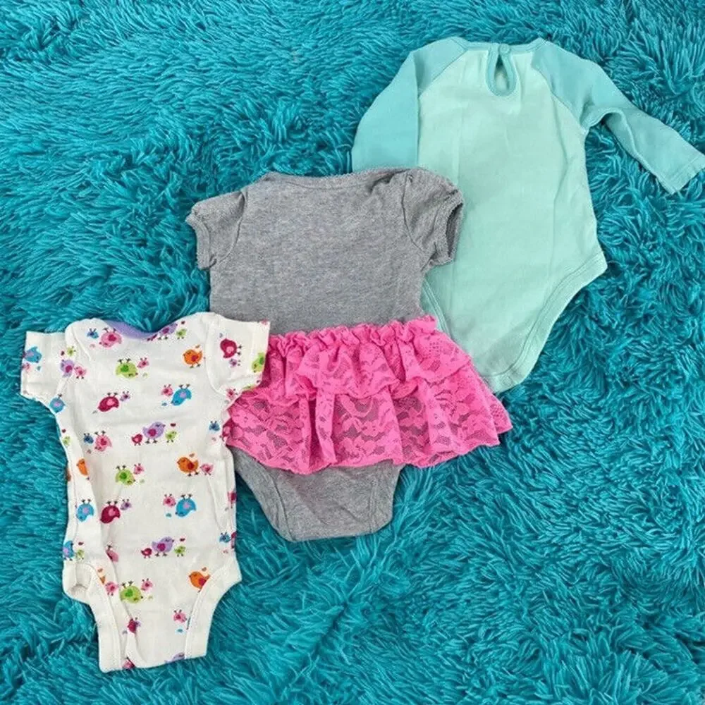 Baby Girl 0-3M Garanimals Onesies Bundle Cat Butterfly Tutu Birds 3 Piece Lot